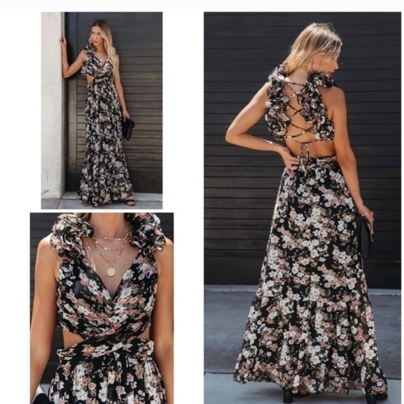 Vici Dresses & Skirts - Vici Black Floral Open-Back Ruffle Maxi Dress